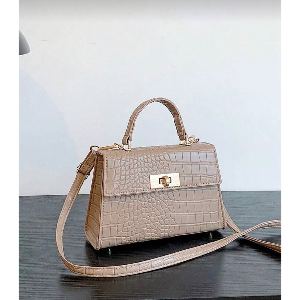 Taupe Croc Embossed Mini Top Handle Crossbody Gold Hardware Trapezoid Handbag